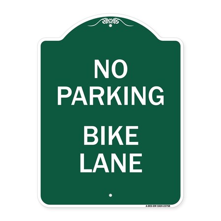 Signmission Designer Series Sign-No Parking Bike Lane, Green & White Aluminum Sign, 18" x 24", GW-1824-23758 A-DES-GW-1824-23758